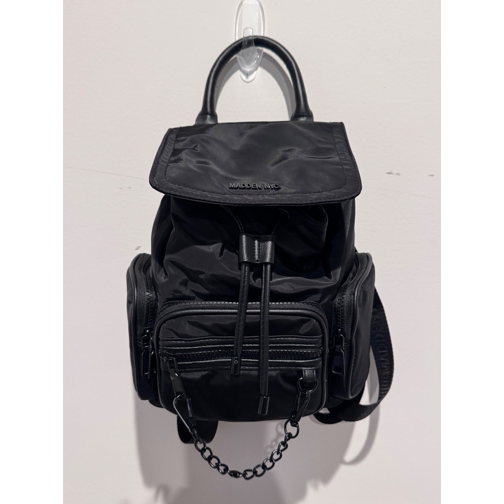 Madden NYC Black Nylon Mini Backpack with Chain Detail and Branded Straps